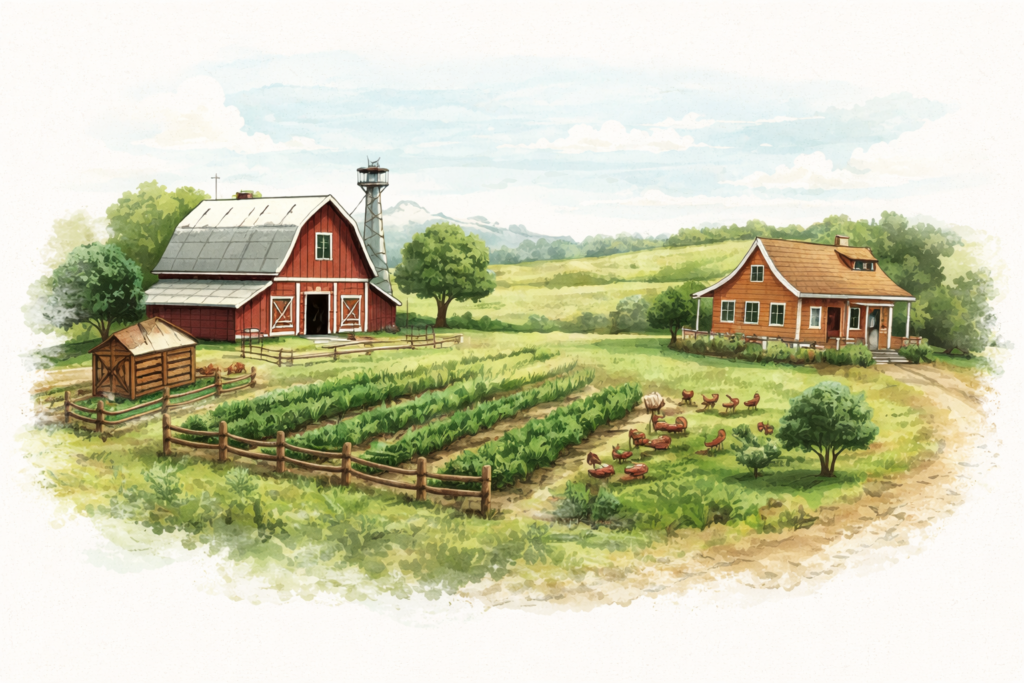 Farmhouse and barn with field and chickens in watercolor